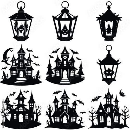 Halloween haunted house and lantern silhouettes