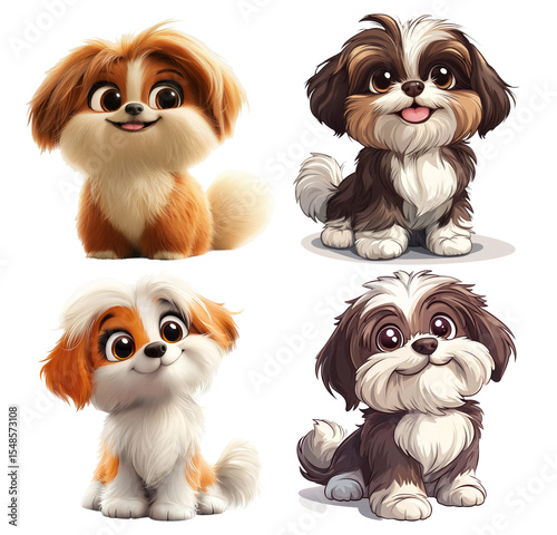 Cute Cartoon Dogs with Playful Expressions and Colorful Backgrounds