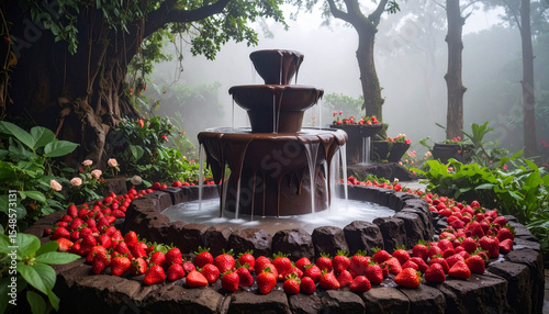 Chocolate fondue waterfall cascading into strawberry fondue pool . Generated Image