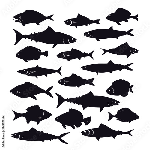 Collection of fish and shark silhouette vector illustrations with modern black design and vibrant colorful fish, ideal for marine-themed art, prints, and digital projects