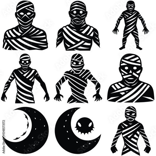 Black and white mummy illustrations halloween set