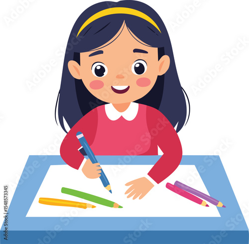 Flat vector of a child drawing with crayons on a big piece of paper, creative learning