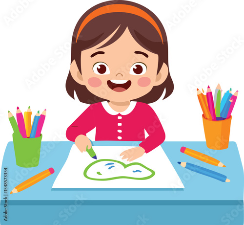 Flat vector of a child drawing with crayons on a big piece of paper, creative learning