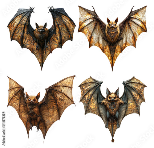 Fantasy Bat Illustrations with Intricate Wing Patterns for Creative Use