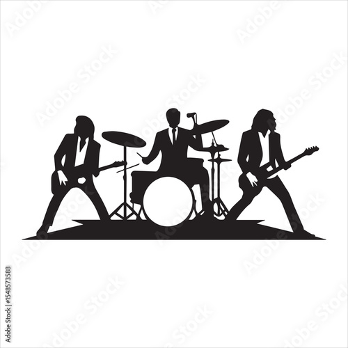Silhouette of Rock Band Performing with Guitars and Drums Vector Illustration