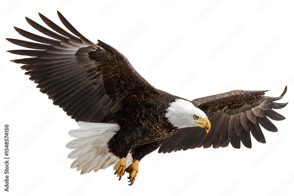 Fototapeta premium Majestic bald eagle in flight with wings spread wide isolated on transparent background