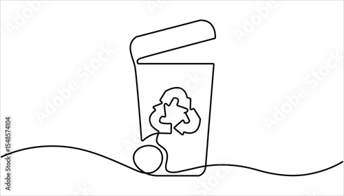 Recycling Bin continuous one line drawing illustration. One line drawing trash bin clean environment vector, One continuous line drawing of garbage container. Trash can, dustbin, recycle concept. 