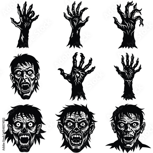 Zombie heads and claws graphic design elements