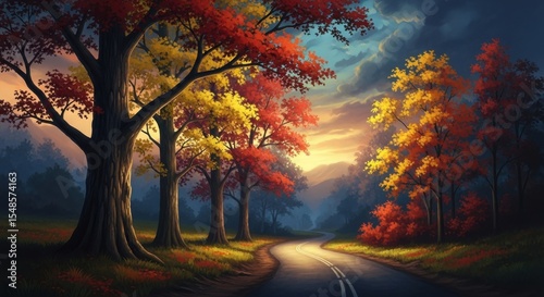 Beautiful Autumn Road with Golden Trees at Sunset Landscape