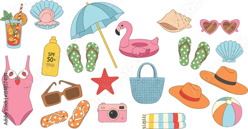 Set of summer element, beach accessories. Sunglasses, umbrella, banana, sunblock, cocktail, slippers, sun hat, swimsuit, flamingo, foto. Accessories for sea holidays. 