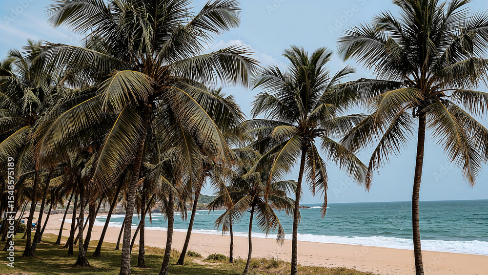 Obraz premium Serene beachfront paradise with ocean and palm trees