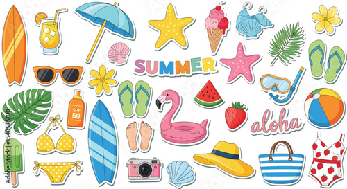 Set of summer stickers. Icons for tropical vacation. Seasonal elements collection. Flamingos, ice cream, pineapple, tropic leaves, cocktails, plumeria, watermelon, beach accessories