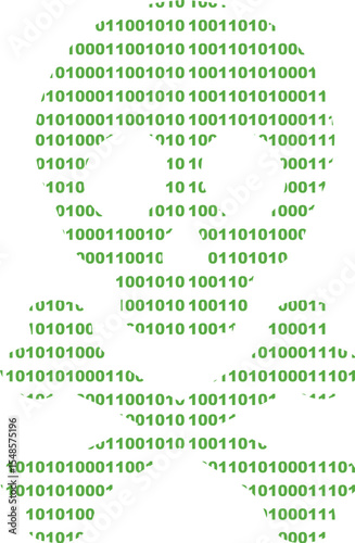 vector illustration green icon skeleton shape skull with crossbones, numbers 0 and 1 of binary system, in the concept of hacker and computer or technological virus software