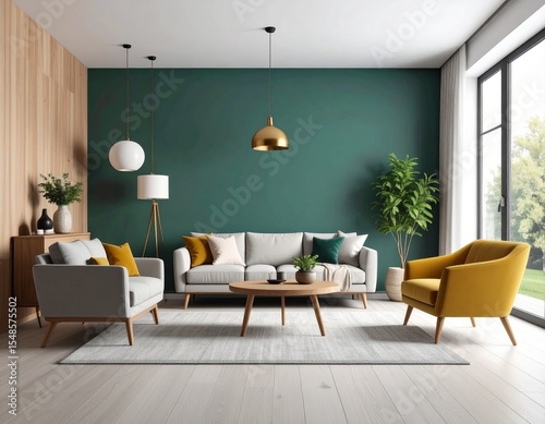 modern sitting room with grey sofa and zinc colored wall