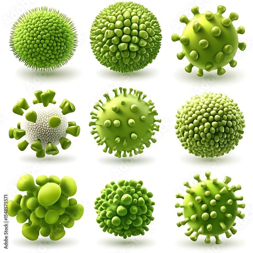 Nine different stylized spherical green virus depictions displayed on white