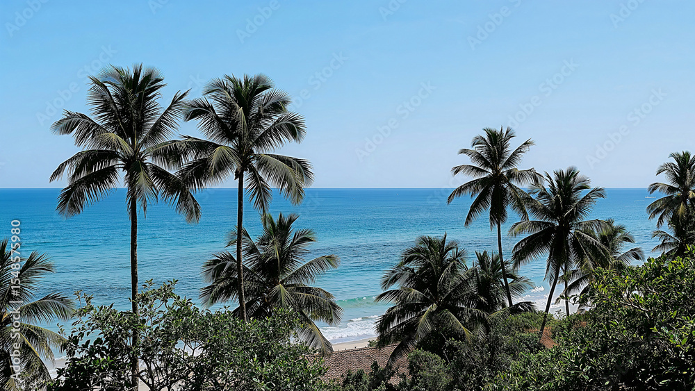 Fototapeta premium Serene beachfront paradise with ocean and palm trees