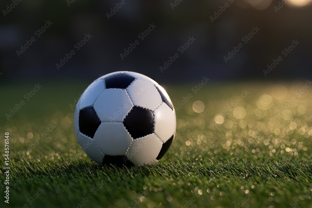 Fototapeta premium Soccer ball on green field in morning light