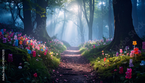 Fototapeta Naklejka Na Ścianę i Meble -  Candy glass forest with gummy bear wildlife and licorice paths. Generated Image