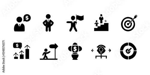 Motivational success goal icons - trophy, target, growth, medal, achievement vector set.