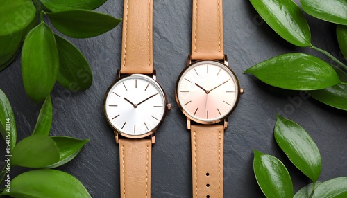 Modern minimalist watches with bronze finish on black slate
