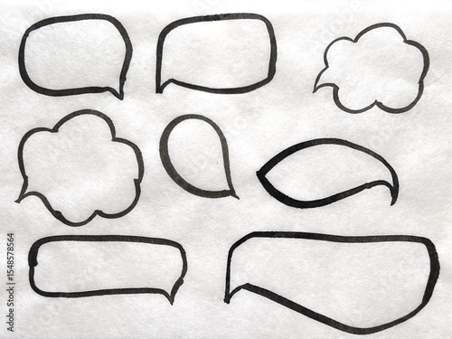 speech bubble set, ink frame speech bubble set, hand-drawn speech bubble set, ink painting brushstroke drawing, washi paper texture background material, brush  art drawing, washi paper material banner