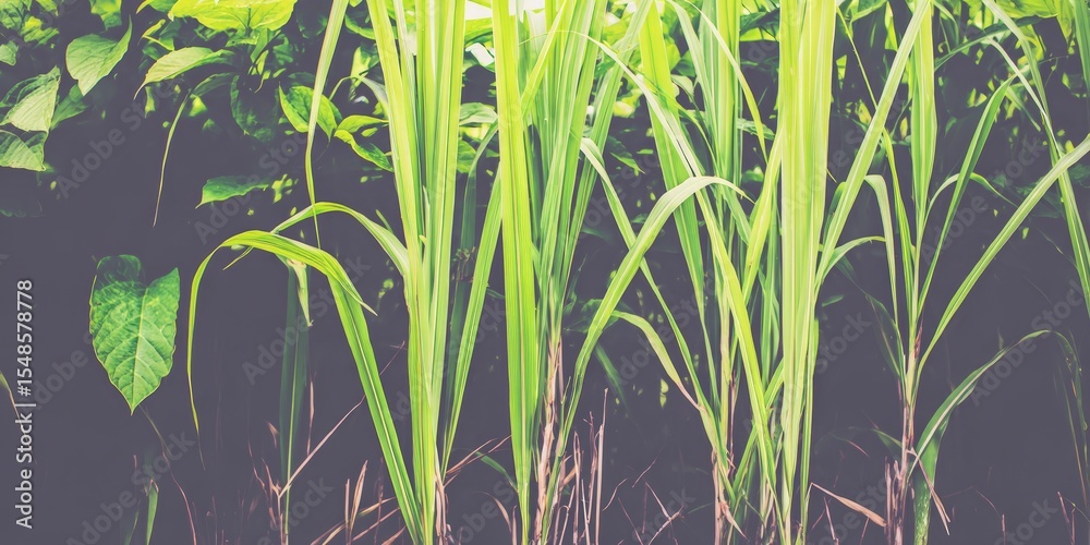 Obraz premium Top-down macro of dense wild grass with visible dew drops and rich green tones, capturing natural texture and freshness of untamed field vegetation.