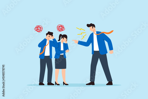 Flat illustration of angry boss shouting at stressed employees symbolizing toxic work environment pressure and workplace conflict