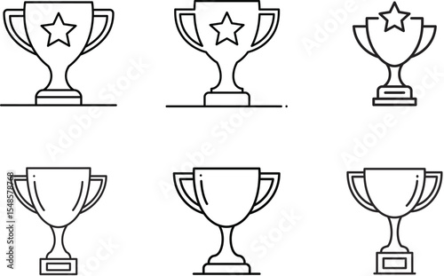 A collection of six simple line art illustrations depicting trophy cups, showcasing different designs.
