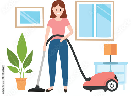 Flat illustration of a woman vacuuming the living room