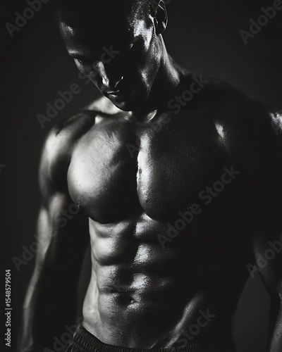 close-up of six-pack abs, dramatic rim lighting, shadow detail, artistic fitness photo, dark minimal background