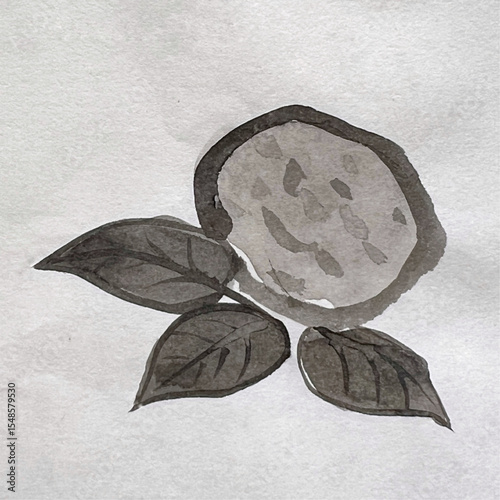 flower, grass leaves drawn in sumi ink, sumi ink painting brushstroke drawing, washi paper texture background material, brush pen art drawing, washi paper material 