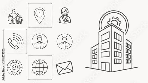 Black vector icons line art illustration of a building with a gear on top and contact icons including people and email address