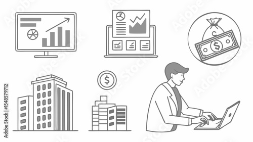 Black vector icons illustration showing financial analysis on screens, buildings, money bag, and a person working on a laptop