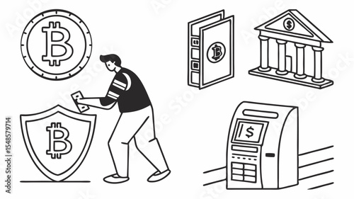 Black vector icons illustration depicting bitcoin security, wallet, bank, atm, and a person inserting money into a shield