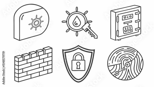 Black vector icons isometric line art illustration showing a safe, key, wall, shield lock, fingerprint, and server cabinet