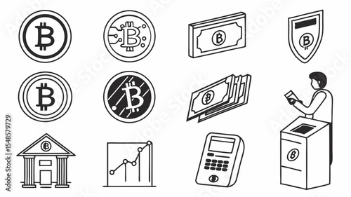 Black vector icons illustration of bitcoin elements including coins, money, bank, graph, calculator and atm machine design