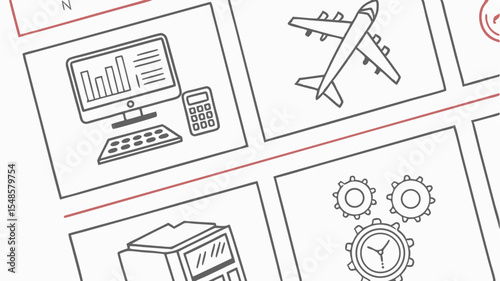 Black vector icons illustration of computer with graph, calculator, airplane, machine, and gears in separate boxes