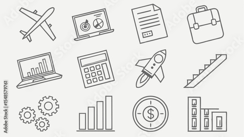 Black vector icons line art illustration featuring airplane, laptop, document, briefcase, calculator, rocket, and more business icons
