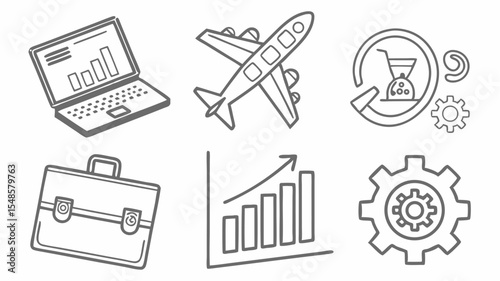Black vector icons illustration showing a laptop with a bar graph, airplane, shopping cart cycle, briefcase, and gears icons