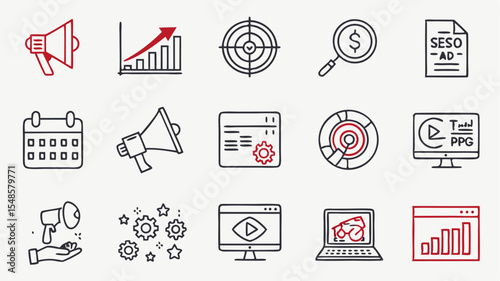 Black vector icons illustration of marketing and seo icons including megaphone, chart, target, calendar, and laptop on white