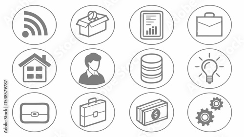Black vector icons collection of twelve circular icons depicting various business and technology related concepts in gray color