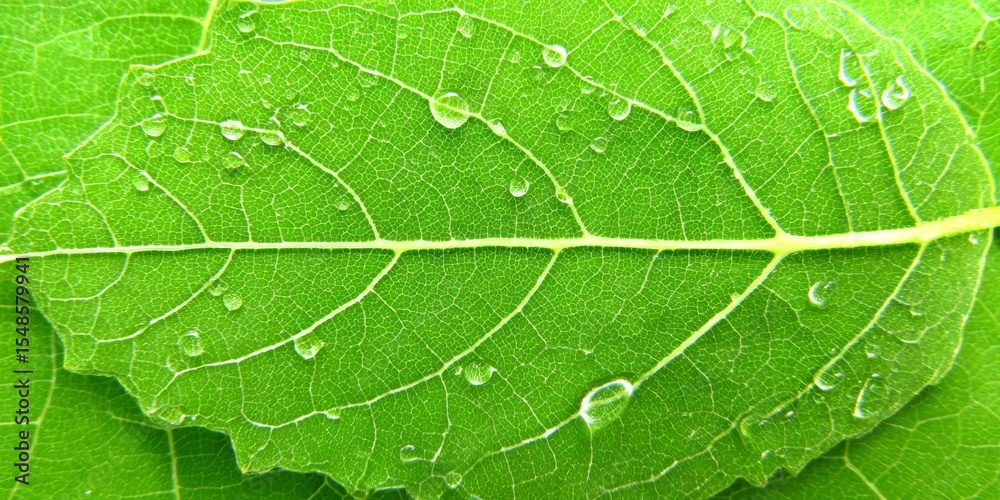 Fototapeta premium Extreme macro of tropical green leaf with dew drops and sunlit veins, revealing symmetrical natural patterns and vibrant texture for eco-themed visuals.
