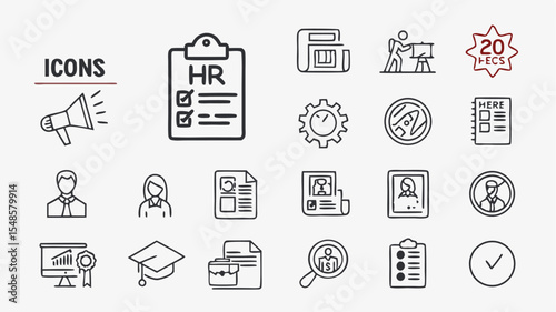 Black vector icons collection of human resources icons including a checklist megaphone and various document illustrations