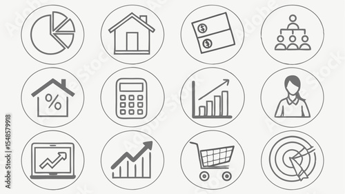 Black vector icons collection of business and finance icons including charts, house, calculator, and shopping cart elements design
