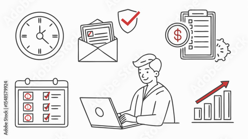 Black vector icons illustration of a man working on a laptop surrounded by business and productivity related icons and symbols