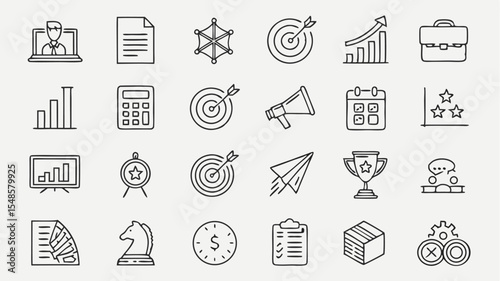Black vector icons collection of business and strategy icons including target, chart, briefcase, and paper airplane design