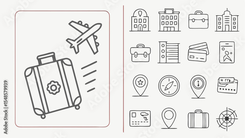 Black vector icons illustration depicting a suitcase with a flower design, an airplane, and travel related icons in outline style