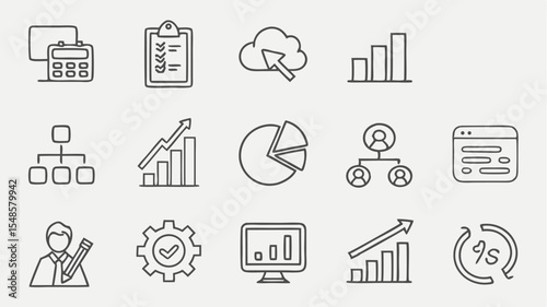 Black vector icons illustration of business and management icons including charts, graphs, and organizational structures shown