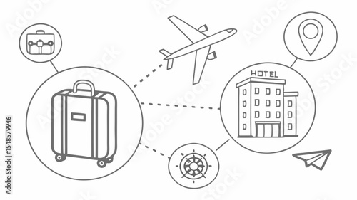 Black vector icons illustration showing travel planning with suitcase airplane hotel and other travel related icons