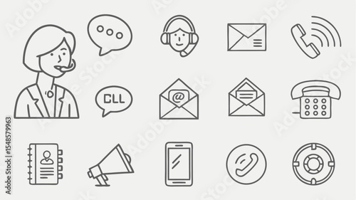 Black vector icons collection of customer service icons including a support agent, phone, email, and communication tools